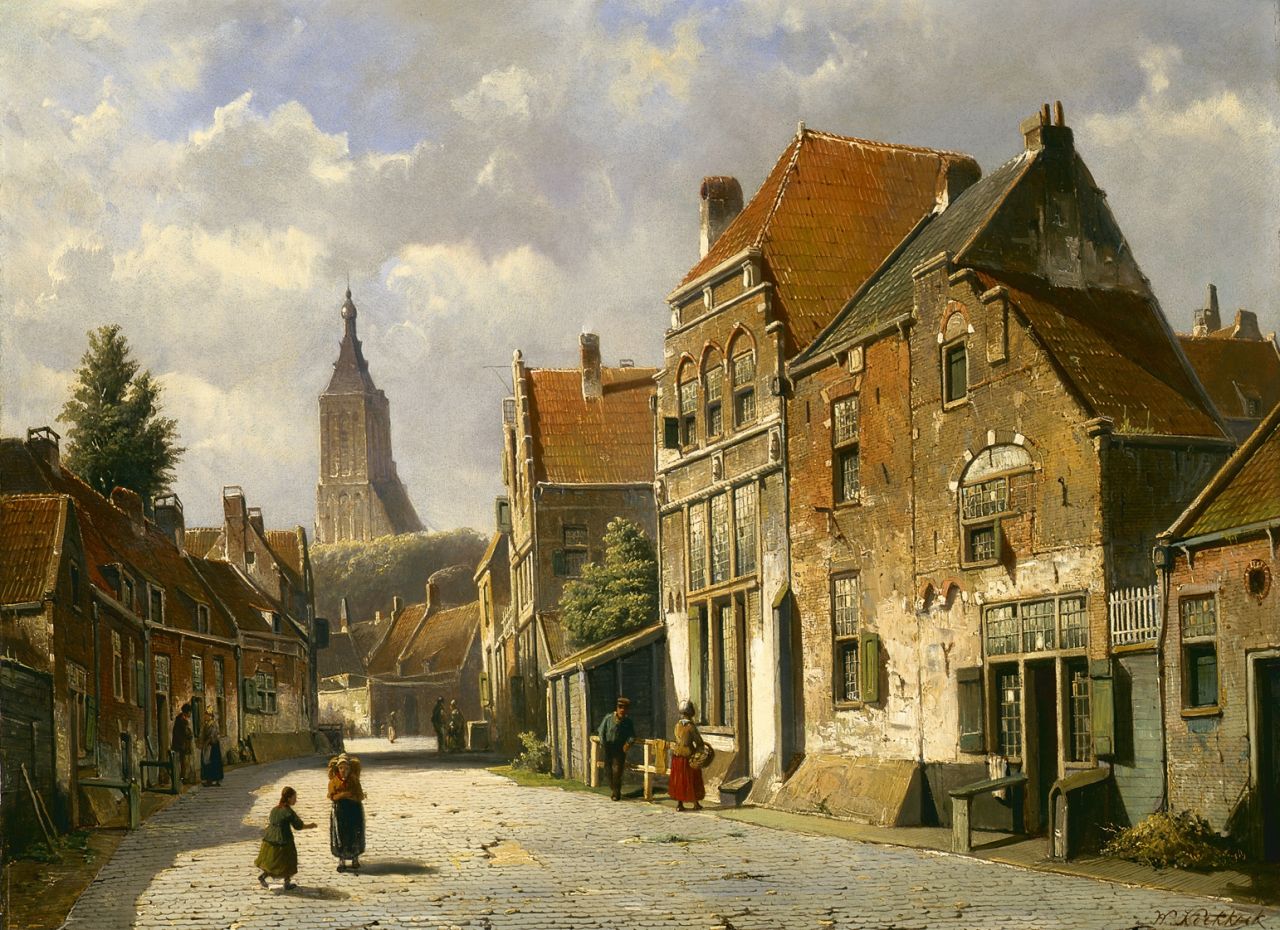 Koekkoek W.  | Willem Koekkoek, Zomers straatgezicht, olieverf op paneel 47,8 x 65,0 cm, gesigneerd rechtsonder