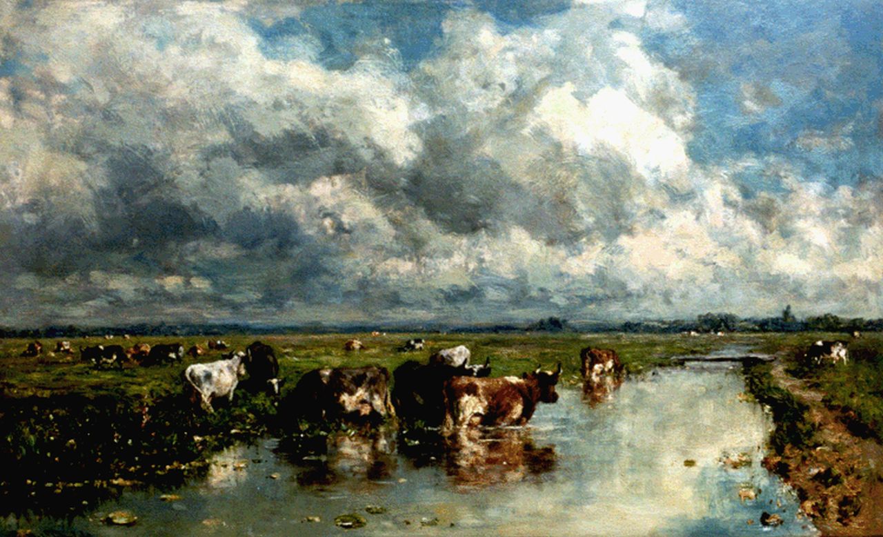 Roelofs W. | Willem Roelofs, Weids Hollands polderlandschap met vee, olieverf op doek 49,5 x 80,0 cm, gesigneerd linksonder Roelofs W. | Willem Roelofs, Weids Hollands polderlandschap met vee, olieverf op doek 49,5 x 80,0 cm, gesigneerd linksonder