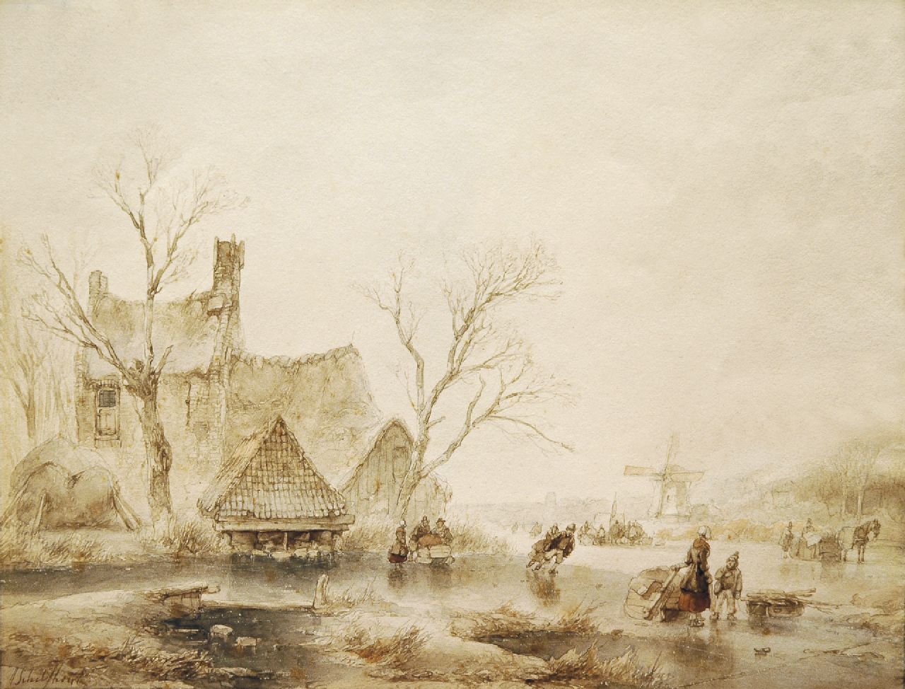 Schelfhout A.  | Andreas Schelfhout, IJsvertier op een poldervaart, potlood, penseel in bruine en zwarte inkt op papier 24,5 x 30,2 cm, gesigneerd linksonder