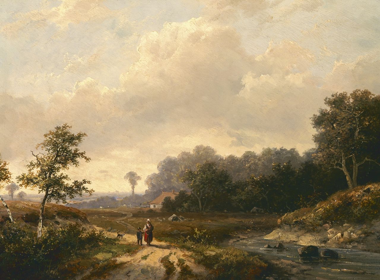 Koekkoek P.H. | Pieter Hendrik 'H.P.' Koekkoek, Wandeling door panoramisch landschap, olieverf op paneel 25,3 x 33,4 cm, gesigneerd middenonder Koekkoek P.H. | Pieter Hendrik 'H.P.' Koekkoek, Wandeling door panoramisch landschap, olieverf op paneel 25,3 x 33,4 cm, gesigneerd middenonder