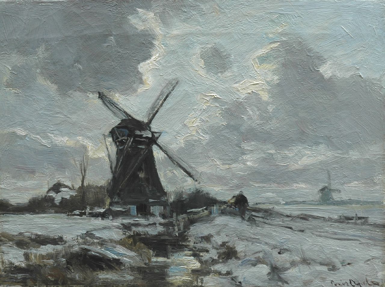 Apol L.F.H. | Lodewijk Franciscus Hendrik 'Louis' Apol, Molen in een besneeuwd landschap, olieverf op doek 30,5 x 40,6 cm, gesigneerd rechtsonder Apol L.F.H. | Lodewijk Franciscus Hendrik 'Louis' Apol, Molen in een besneeuwd landschap, olieverf op doek 30,5 x 40,6 cm, gesigneerd rechtsonder