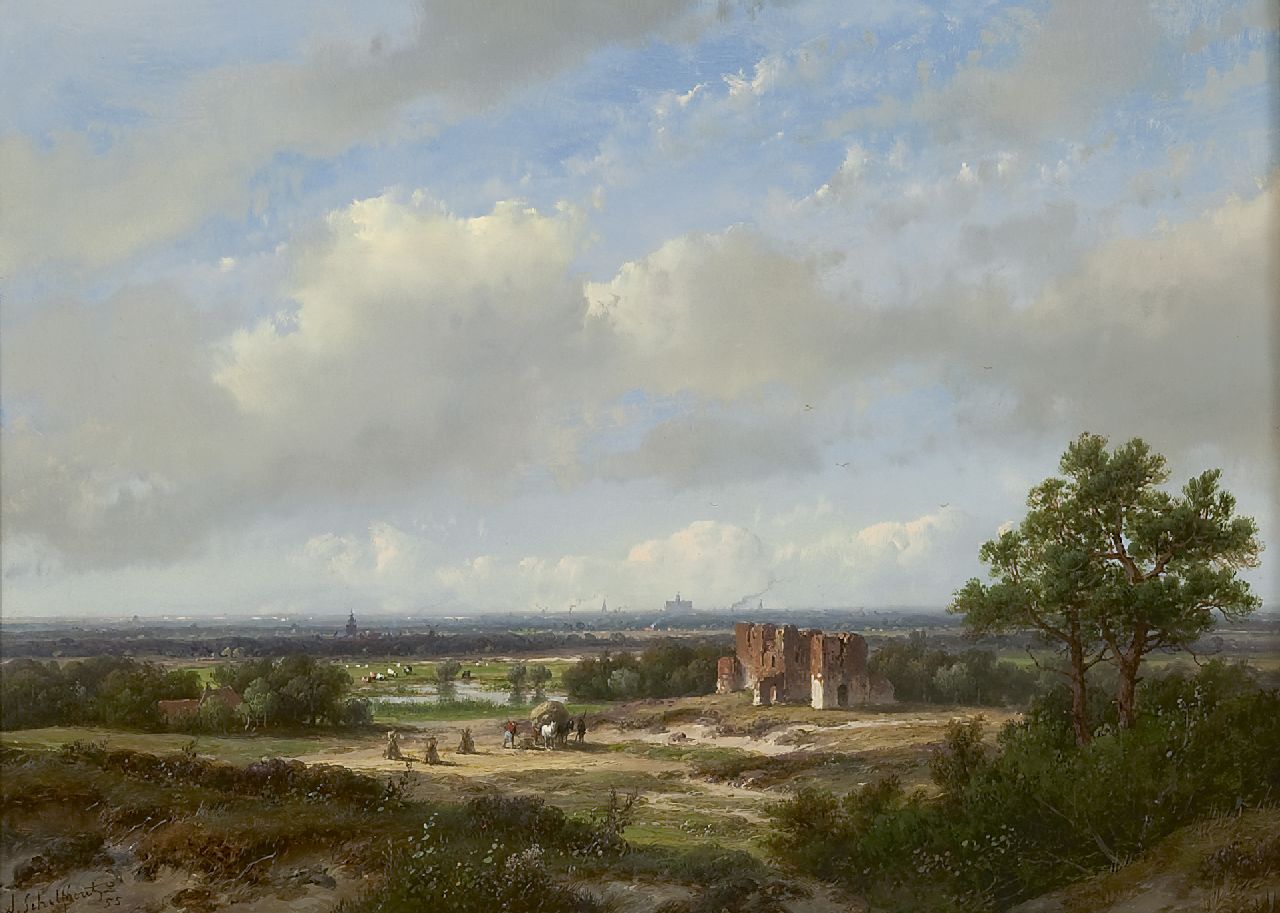 Schelfhout A. | Andreas Schelfhout, Panoramisch landschap met het stadssilhouet van Haarlem en de ruïne van Brederode, olieverf op paneel 28,4 x 39,1 cm, gesigneerd linksonder en gedateerd '55 Schelfhout A. | Andreas Schelfhout, Panoramisch landschap met het stadssilhouet van Haarlem en de ruïne van Brederode, olieverf op paneel 28,4 x 39,1 cm, gesigneerd linksonder en gedateerd '55