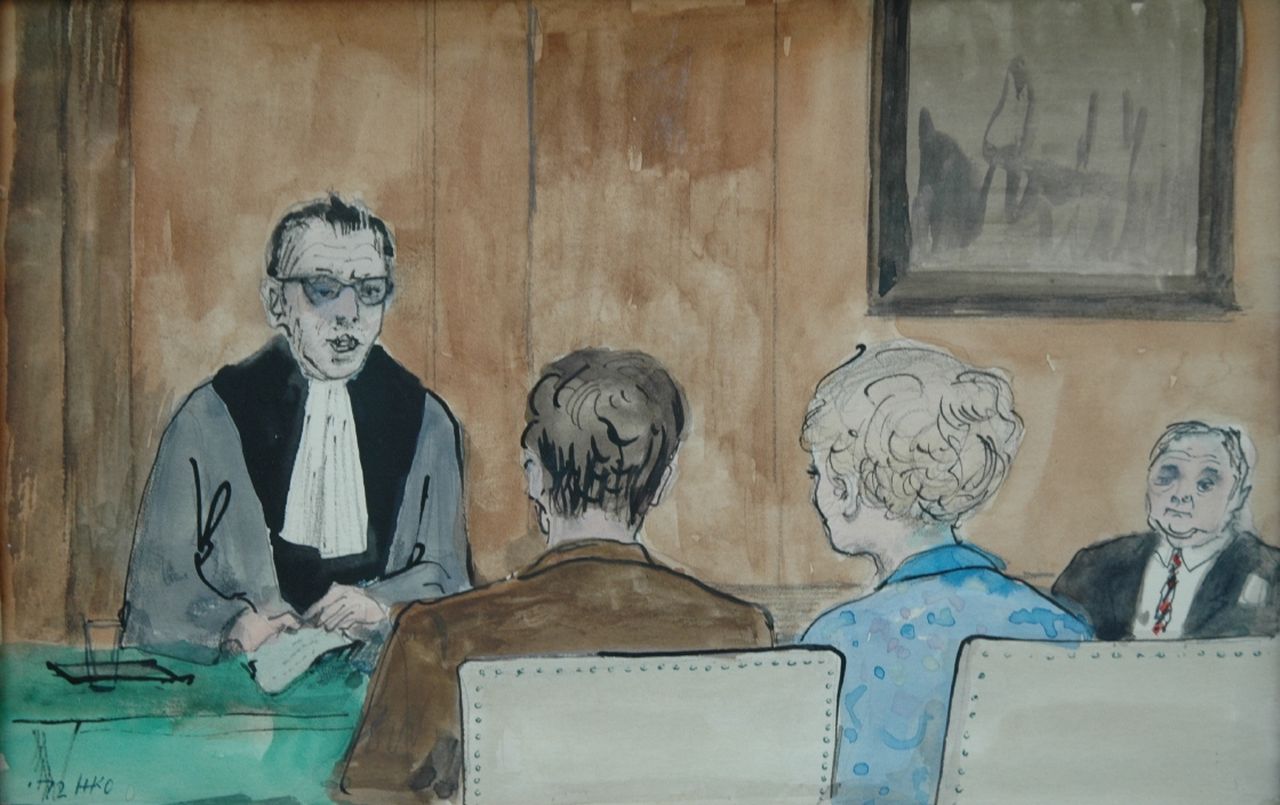 Kamerlingh Onnes H.H. | 'Harm' Henrick Kamerlingh Onnes, Huwelijk in het Raadhuis, Den Haag, potlood, pen en aquarel op papier 17,0 x 24,0 cm, gesigneerd linksonder met monogram en gedateerd '72 Kamerlingh Onnes H.H. | 'Harm' Henrick Kamerlingh Onnes, Huwelijk in het Raadhuis, Den Haag, potlood, pen en aquarel op papier 17,0 x 24,0 cm, gesigneerd linksonder met monogram en gedateerd '72