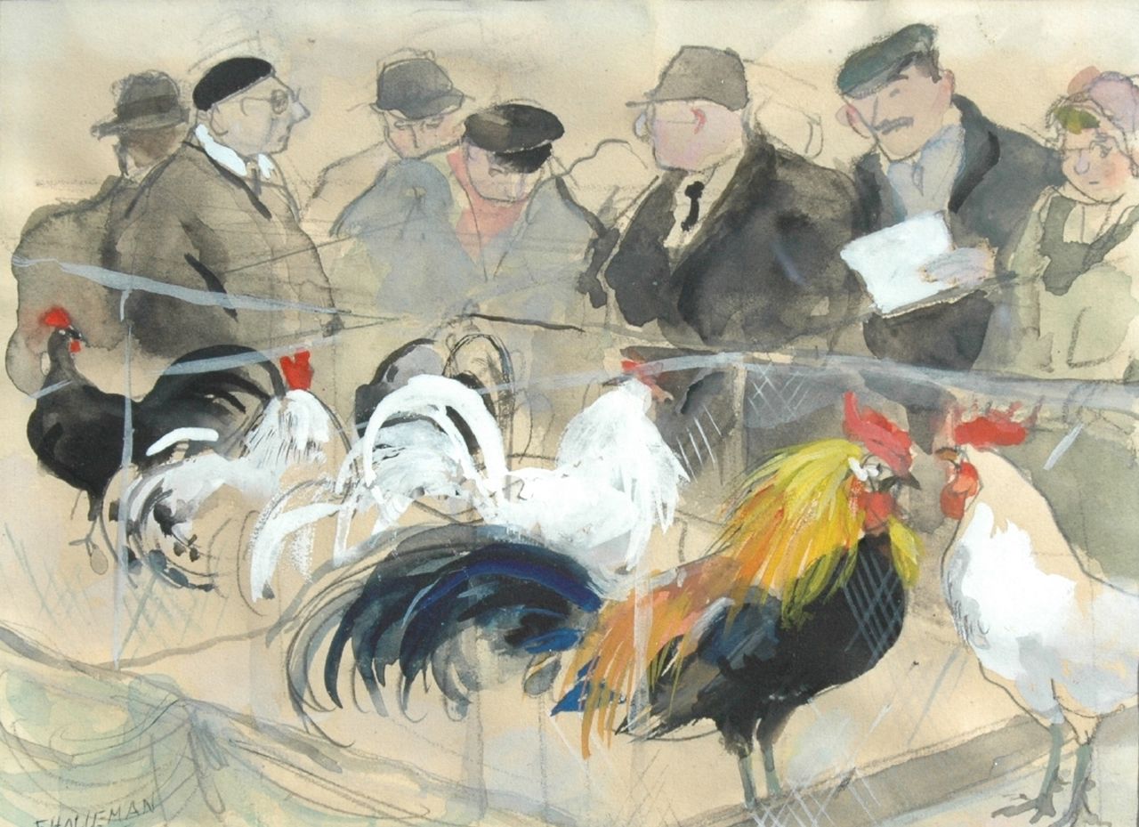 Holleman F. | Frida Holleman, Hanen op de tentoonstelling van Avicultura, potlood, aquarel en gouache op papier 11,8 x 15,5 cm, gesigneerd linksonder Holleman F. | Frida Holleman, Hanen op de tentoonstelling van Avicultura, potlood, aquarel en gouache op papier 11,8 x 15,5 cm, gesigneerd linksonder