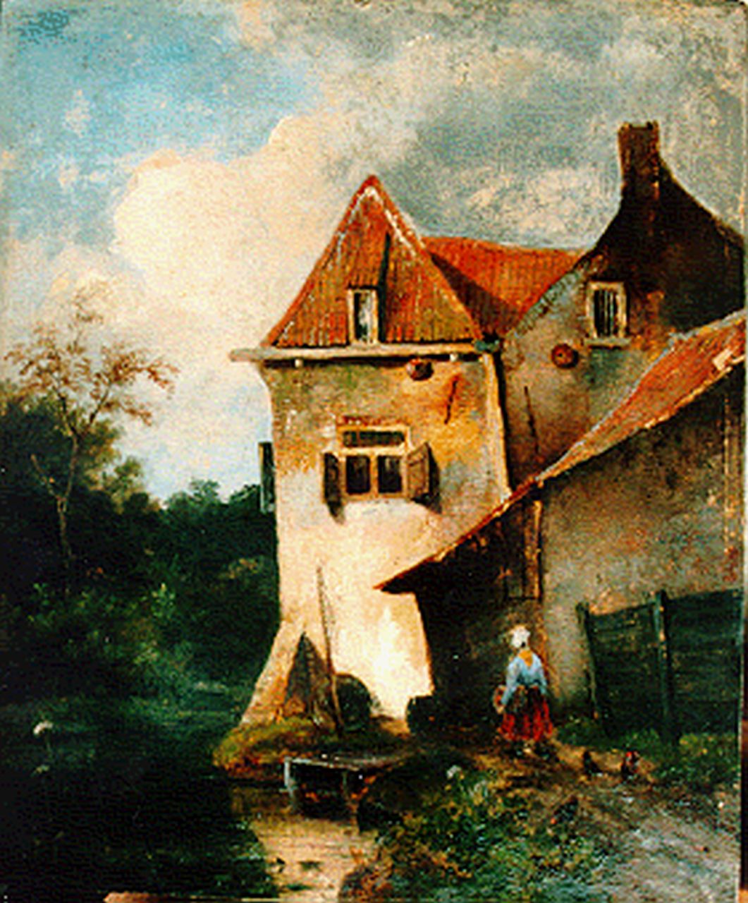 Hans J.G.  | Josephus Gerardus Hans, Huisje met figuurtje aan het water, olieverf op paneel 31,2 x 26,0 cm, gesigneerd rechtsonder