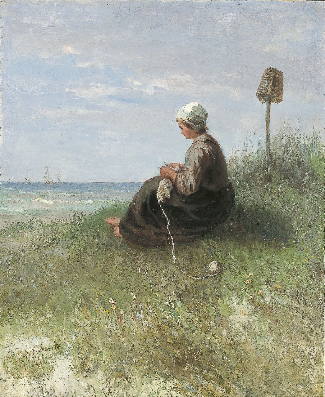Israëls J. | Jozef Israëls, Breistertje op een duintop, olieverf op paneel 44,2 x 36,1 cm, gesigneerd linksonder Israëls J. | Jozef Israëls, Breistertje op een duintop, olieverf op paneel 44,2 x 36,1 cm, gesigneerd linksonder