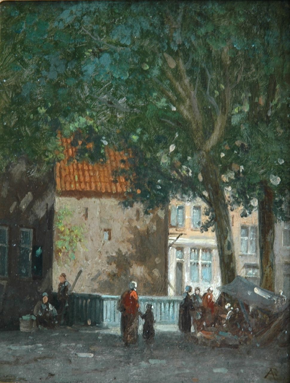 Eversen A. | Adrianus Eversen, Marktstalletje onder de bomen, olieverf op doek op paneel 20,3 x 15,8 cm, gesigneerd rechtsonder met monogram Eversen A. | Adrianus Eversen, Marktstalletje onder de bomen, olieverf op doek op paneel 20,3 x 15,8 cm, gesigneerd rechtsonder met monogram