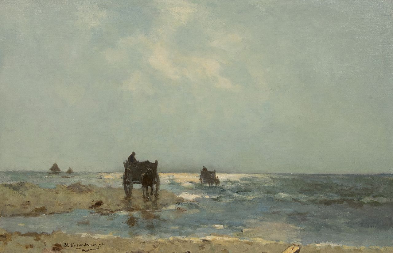 Weissenbruch H.J.  | Hendrik Johannes 'J.H.' Weissenbruch, Schelpenvissers op het Scheveningse strand, olieverf op doek 60,7 x 93,3 cm, gesigneerd linksonder en gedateerd '94