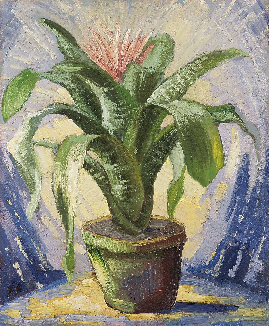Kruysen J. | Johannes 'Jan' Kruysen | Schilderijen te koop aangeboden | Bromelia in aardewerken pot, olieverf op schildersboard 45,8 x 37,8 cm, gesigneerd linksonder met monogram Kruysen J. | Johannes 'Jan' Kruysen | Schilderijen te koop aangeboden | Bromelia in aardewerken pot, olieverf op schildersboard 45,8 x 37,8 cm, gesigneerd linksonder met monogram