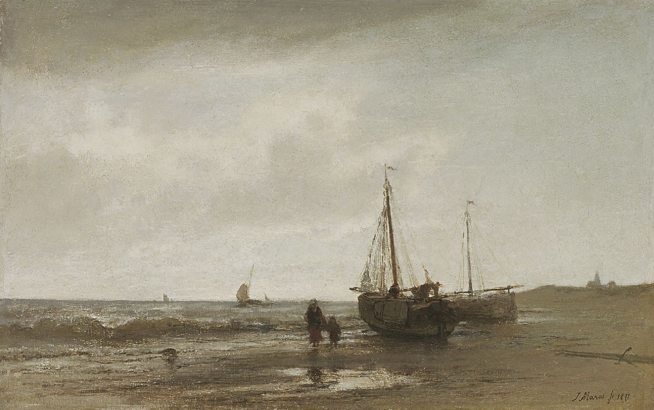 Maris J.H. | Jacobus Hendricus 'Jacob' Maris, Vrouw met kind bij bomschuiten op het strand, olieverf op doek 21,2 x 33,3 cm, gesigneerd rechtsonder en gedateerd 1871 Maris J.H. | Jacobus Hendricus 'Jacob' Maris, Vrouw met kind bij bomschuiten op het strand, olieverf op doek 21,2 x 33,3 cm, gesigneerd rechtsonder en gedateerd 1871