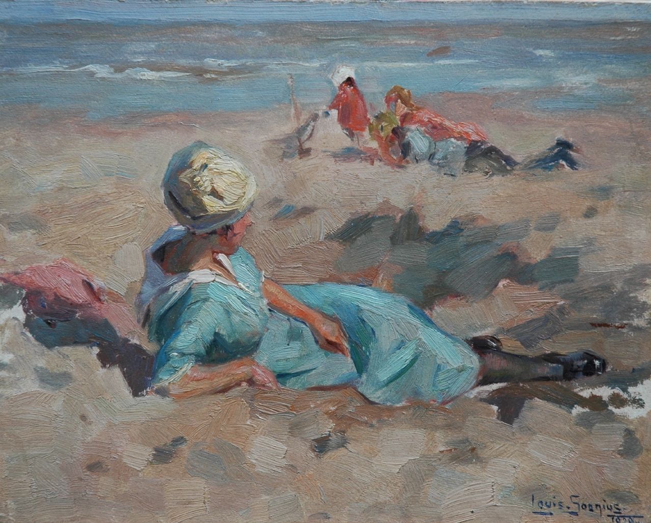 Soonius L. | Lodewijk 'Louis' Soonius, Zomerdag op het strand, olieverf op board 26,4 x 33,5 cm, gesigneerd rechtsonder en gedateerd 1920 Soonius L. | Lodewijk 'Louis' Soonius, Zomerdag op het strand, olieverf op board 26,4 x 33,5 cm, gesigneerd rechtsonder en gedateerd 1920