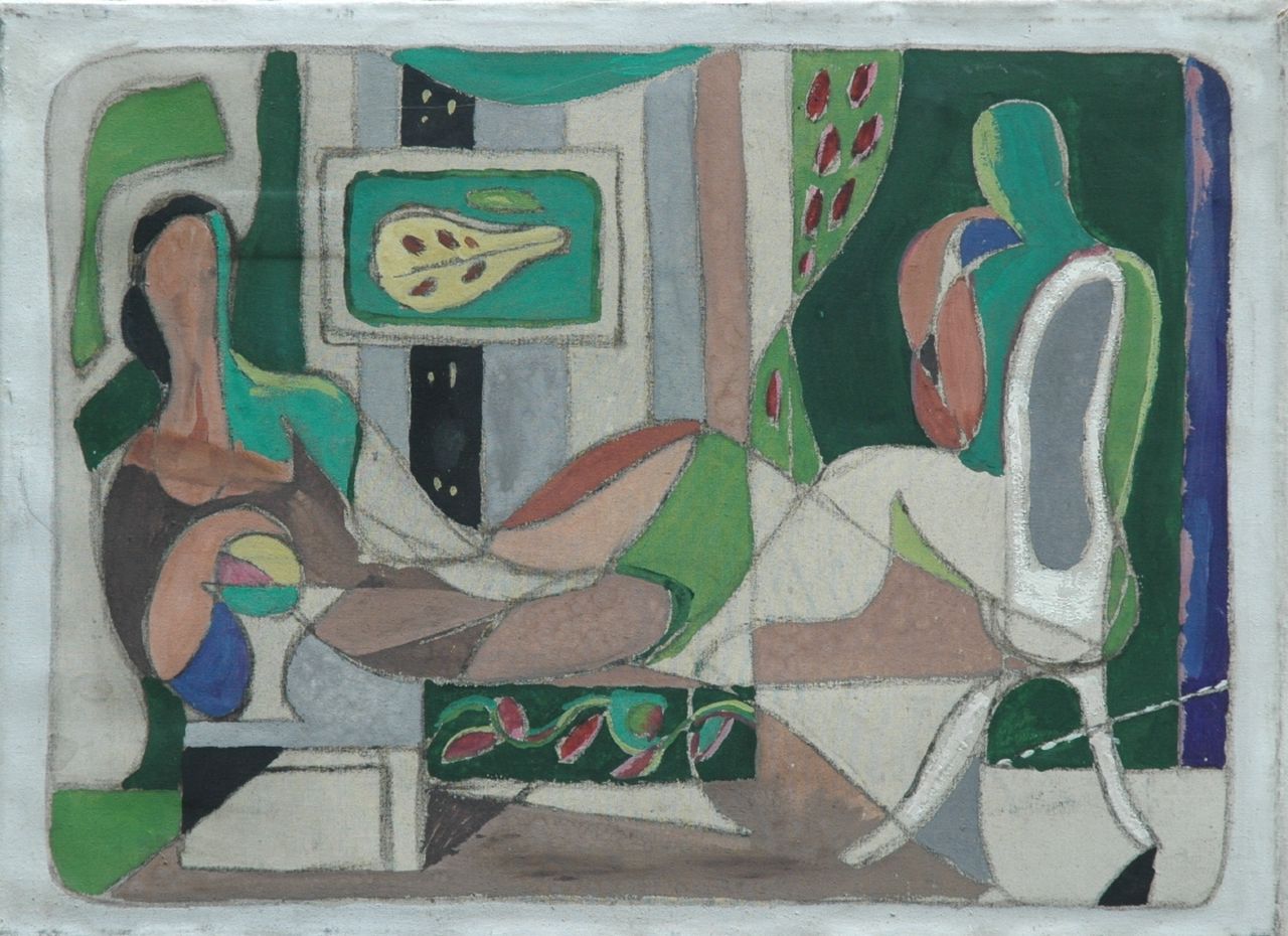 Voskuyl J. | Jan 'Jeroen' Voskuyl, Interieur met twee figuren, gouache op doek 34,2 x 47,2 cm, gesigneerd verso en gedateerd 1942 verso Voskuyl J. | Jan 'Jeroen' Voskuyl, Interieur met twee figuren, gouache op doek 34,2 x 47,2 cm, gesigneerd verso en gedateerd 1942 verso