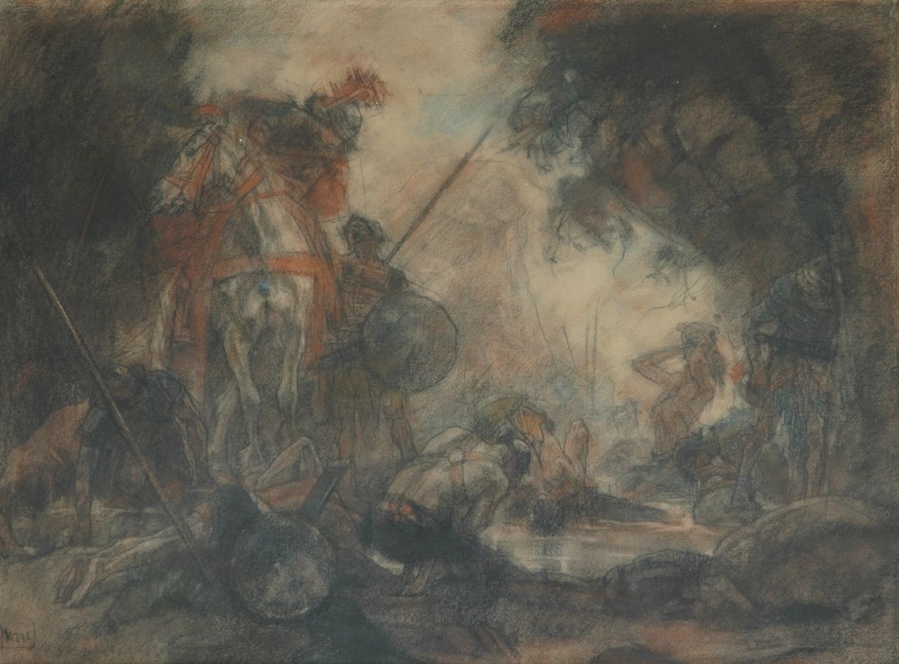 Jurres J.H. | Johannes Hendricus Jurres, Na de strijd, pastel op papier 54,2 x 73,2 cm, gesigneerd linksonder Jurres J.H. | Johannes Hendricus Jurres, Na de strijd, pastel op papier 54,2 x 73,2 cm, gesigneerd linksonder