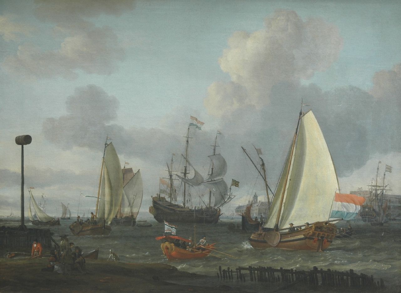 Storck A. | Abraham Storck, Schepen in een Hollandse haven, mogelijk Amsterdam, olieverf op doek 70,2 x 94,0 cm, gesigneerd linksonder Storck A. | Abraham Storck, Schepen in een Hollandse haven, mogelijk Amsterdam, olieverf op doek 70,2 x 94,0 cm, gesigneerd linksonder