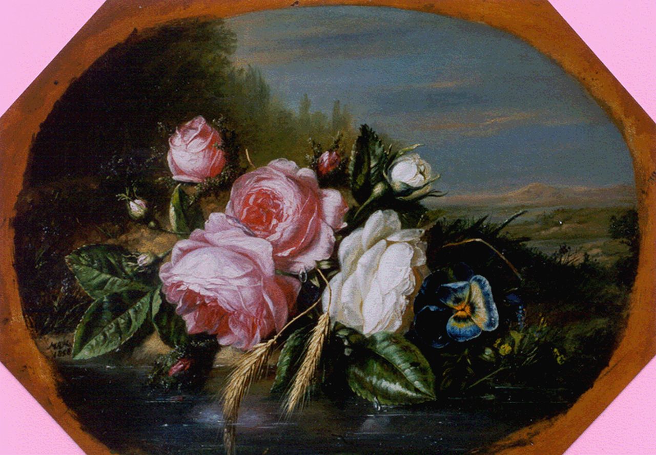 Hamburger H.A. | Helen Augusta 'Hélène' Hamburger, Boeket rozen aan de waterkant, olieverf op paneel 29,4 x 40,0 cm, gesigneerd met initialen links van het midden en gedateerd 1858 Hamburger H.A. | Helen Augusta 'Hélène' Hamburger, Boeket rozen aan de waterkant, olieverf op paneel 29,4 x 40,0 cm, gesigneerd met initialen links van het midden en gedateerd 1858