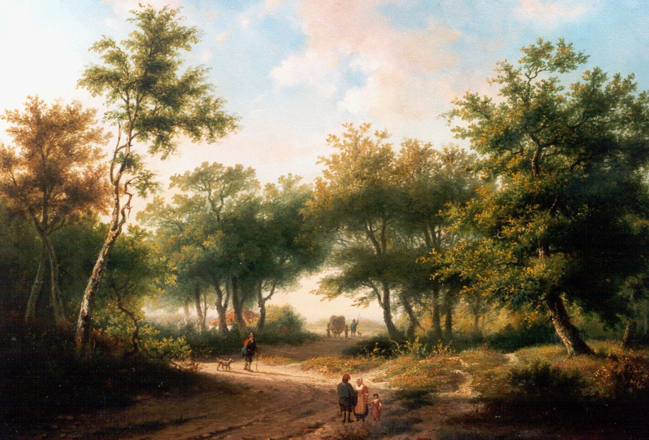 Koekkoek P.H. | Pieter Hendrik 'H.P.' Koekkoek, Figuren op een bospad, olieverf op paneel 34,7 x 48,7 cm, gesigneerd linksonder Koekkoek P.H. | Pieter Hendrik 'H.P.' Koekkoek, Figuren op een bospad, olieverf op paneel 34,7 x 48,7 cm, gesigneerd linksonder