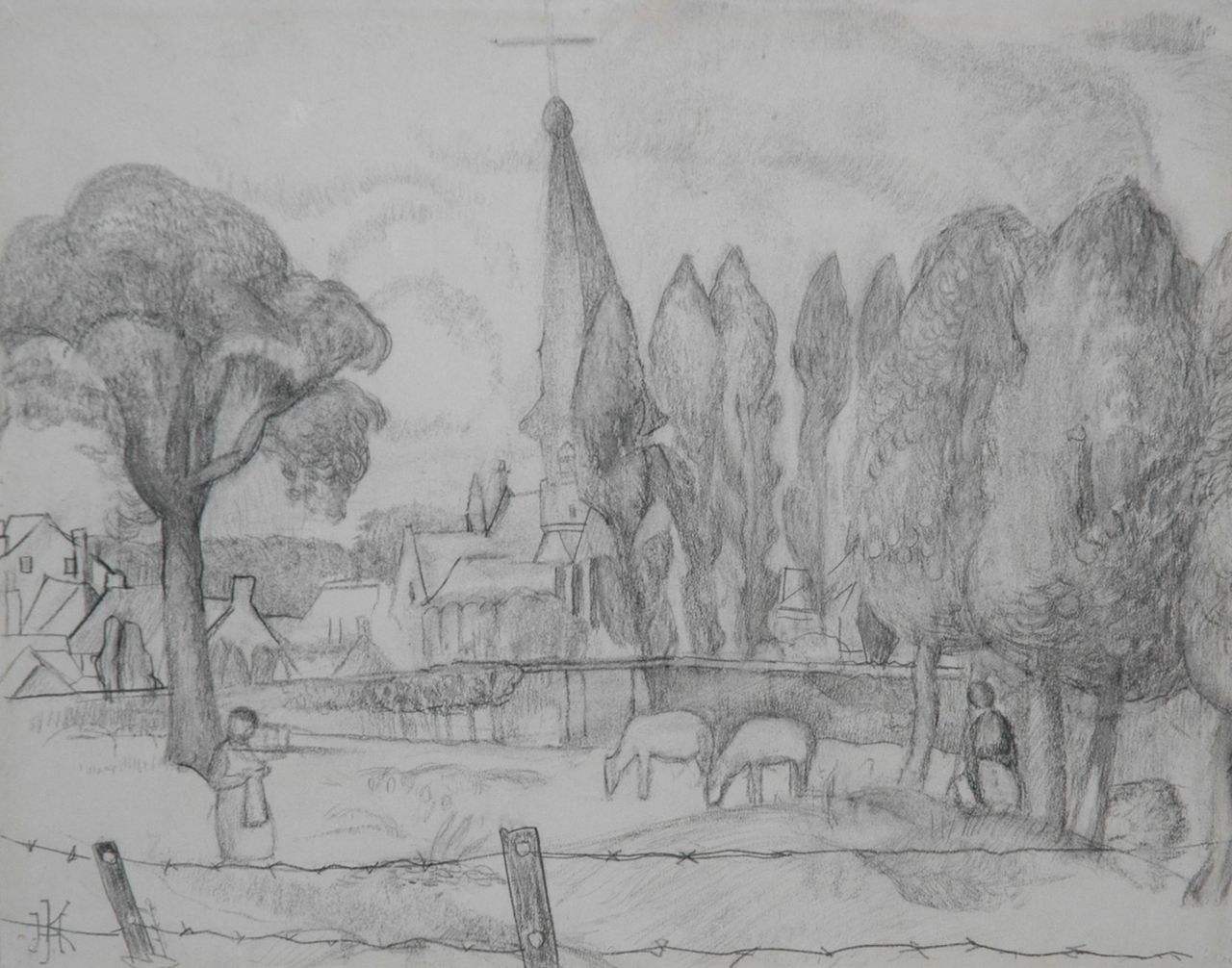 Kruyder H.J. | 'Herman' Justus Kruyder, Limburgs landschap met kerktoren, potlood op papier 26,0 x 32,8 cm, gesigneerd linksonder monogram en te dateren 1923-1927 Kruyder H.J. | 'Herman' Justus Kruyder, Limburgs landschap met kerktoren, potlood op papier 26,0 x 32,8 cm, gesigneerd linksonder monogram en te dateren 1923-1927