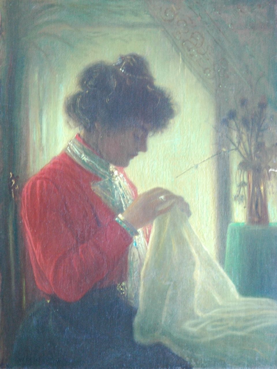 Pothast W.F.A. | 'Willem' Frederik Alphons Pothast, Vrouw met borduurwerk, olieverf op doek 45,0 x 34,3 cm, gesigneerd linksonder Pothast W.F.A. | 'Willem' Frederik Alphons Pothast, Vrouw met borduurwerk, olieverf op doek 45,0 x 34,3 cm, gesigneerd linksonder