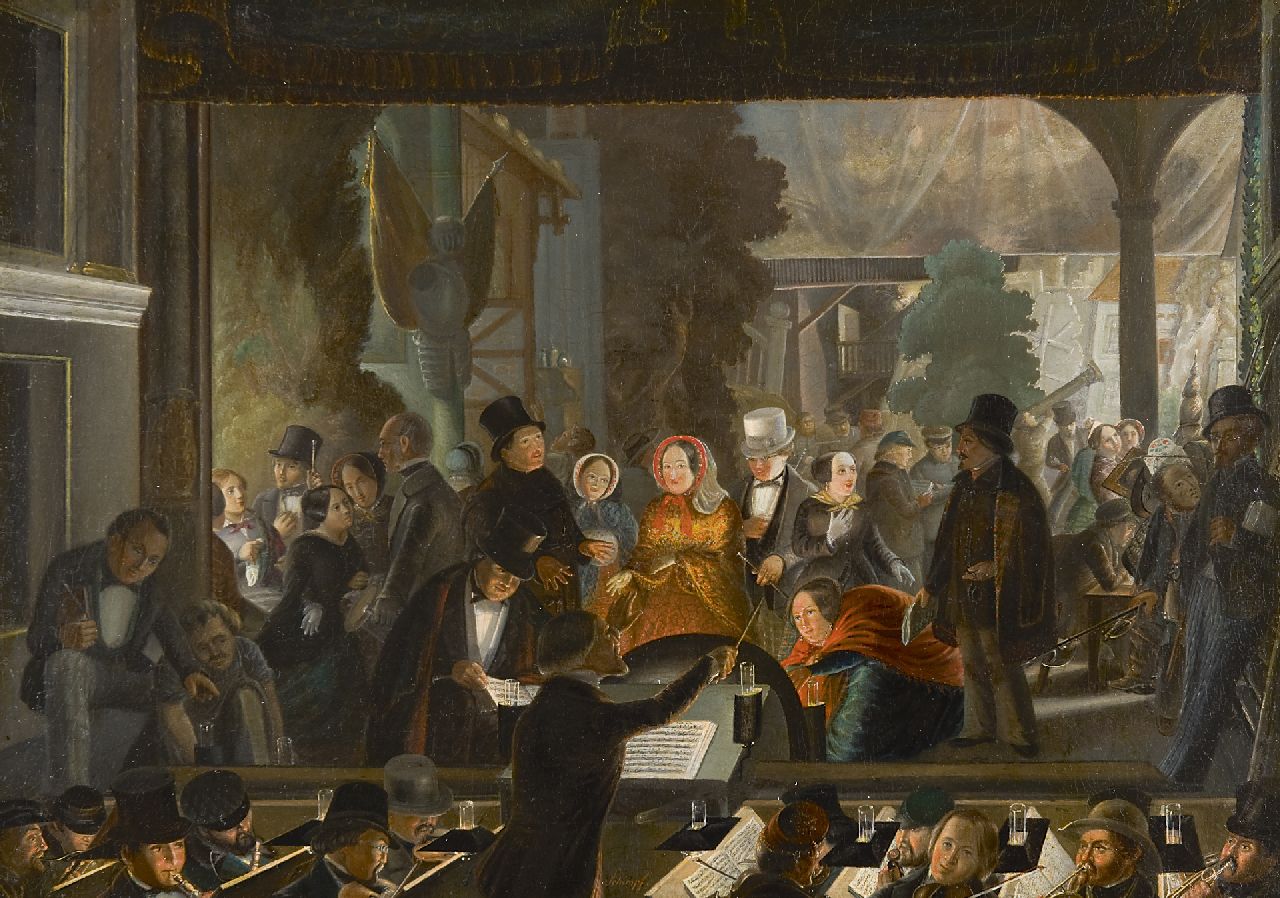 Schimpf A.  | Andreas Schimpf, De generale repetitie, olieverf op doek op paneel 44,0 x 62,0 cm, gesigneerd middenonder