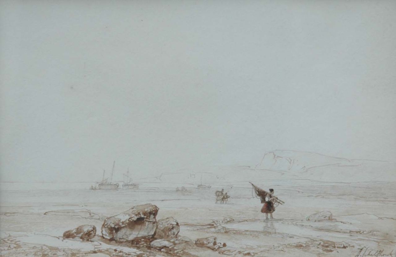 Schelfhout A. | Andreas Schelfhout, Laag tij aan de Noord-Franse kust, potlood, penseel in bruine inkt en aquarel op papier 16,5 x 24,0 cm, gesigneerd rechtsonder Schelfhout A. | Andreas Schelfhout, Laag tij aan de Noord-Franse kust, potlood, penseel in bruine inkt en aquarel op papier 16,5 x 24,0 cm, gesigneerd rechtsonder