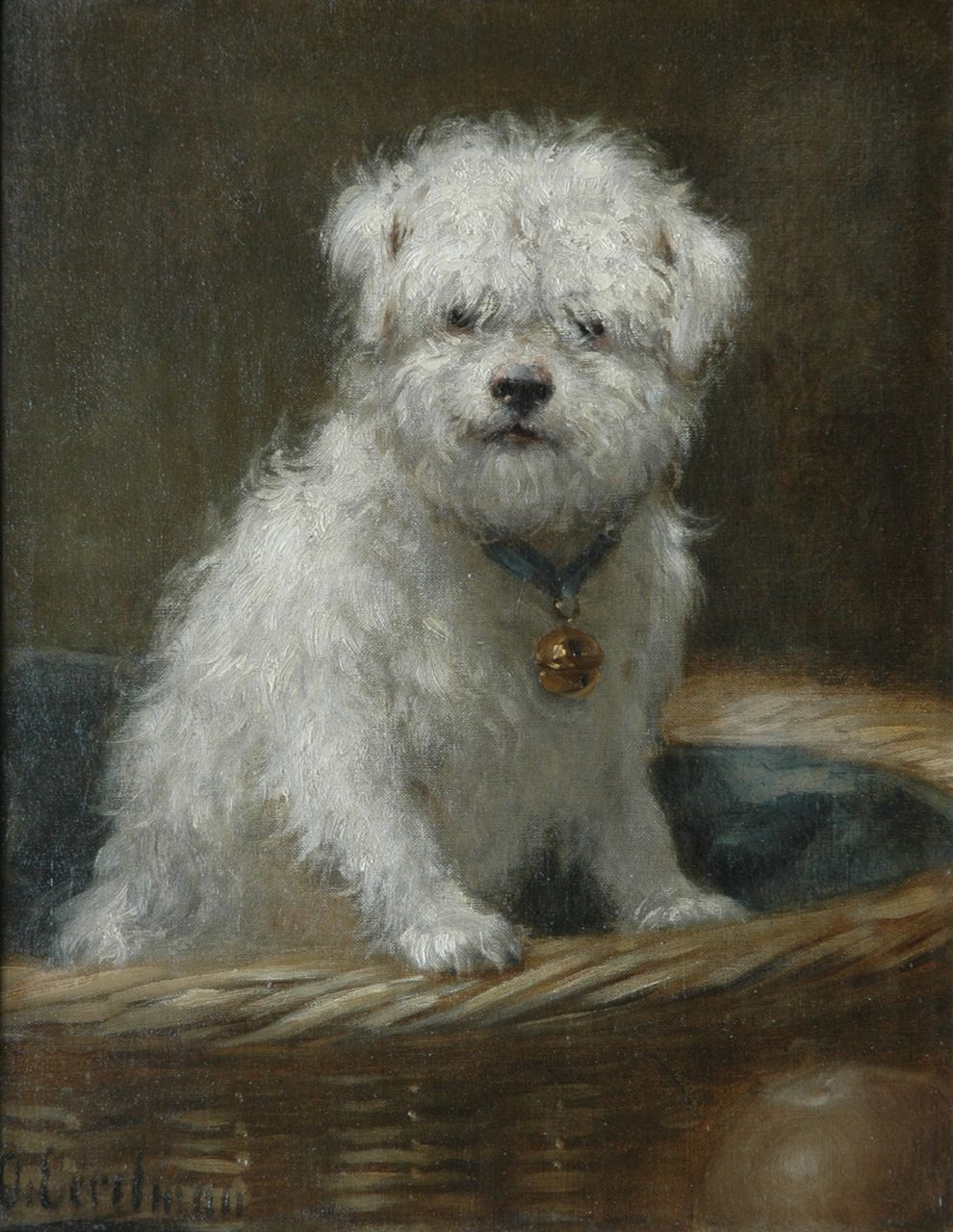 Eerelman O.  | Otto Eerelman, Bichon in een mand, olieverf op doek 34,9 x 27,4 cm, gesigneerd linksonder