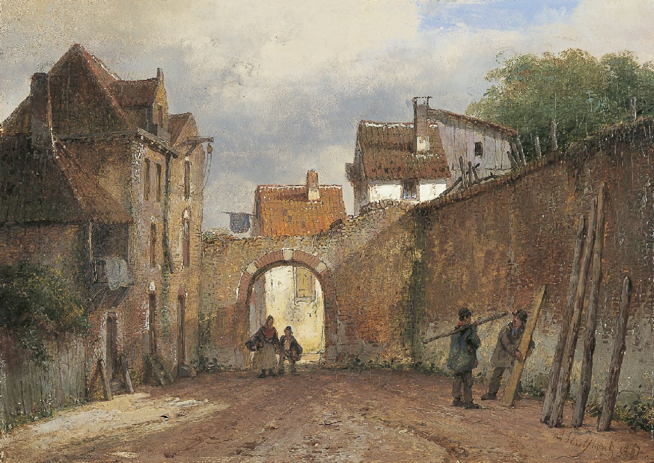 Schelfhout A.  | Andreas Schelfhout, Doorzicht bij een stadspoort, olieverf op paneel 20,2 x 28,5 cm, gesigneerd rechtsonder en gedateerd 1867
