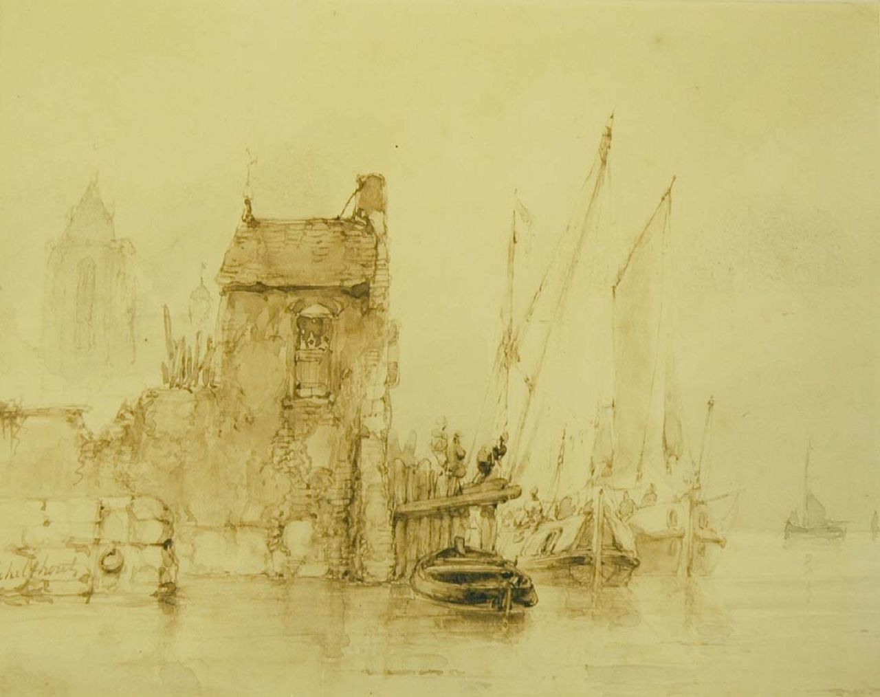 Schelfhout A. | Andreas Schelfhout, Zeilschepen bij een aanlegplaats, penseel in bruine inkt op papier 15,0 x 18,5 cm, gesigneerd linksonder Schelfhout A. | Andreas Schelfhout, Zeilschepen bij een aanlegplaats, penseel in bruine inkt op papier 15,0 x 18,5 cm, gesigneerd linksonder