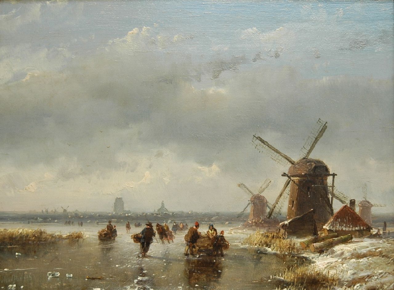 Schelfhout A. | Andreas Schelfhout, Schaatsers en duwslede op een bevroren vaart, olieverf op paneel 16,9 x 22,4 cm, gesigneerd linksonder Schelfhout A. | Andreas Schelfhout, Schaatsers en duwslede op een bevroren vaart, olieverf op paneel 16,9 x 22,4 cm, gesigneerd linksonder