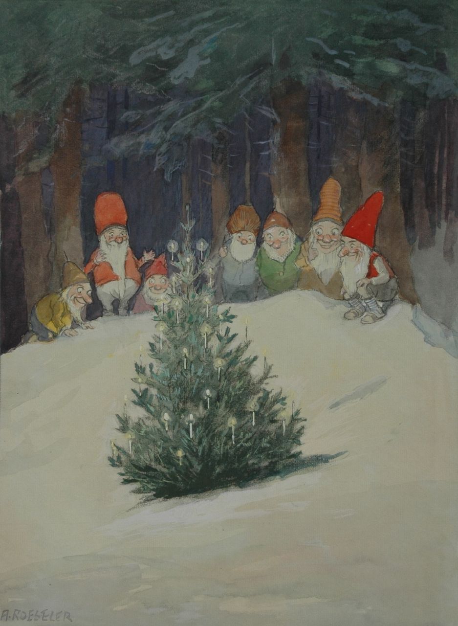 Roeseler A. | August Roeseler, De zeven dwergen rond een kerstboom, zwart krijt en aquarel op papier 42,5 x 31,7 cm, gesigneerd linksonder Roeseler A. | August Roeseler, De zeven dwergen rond een kerstboom, zwart krijt en aquarel op papier 42,5 x 31,7 cm, gesigneerd linksonder