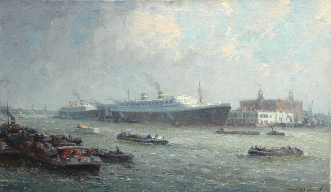Delfgaauw G.J.  | Gerardus Johannes 'Gerard' Delfgaauw, Oceaanstomers, afgemeerd aan de kade van de H.A.L., olieverf op doek 59,8 x 100,0 cm, gesigneerd rechtsonder