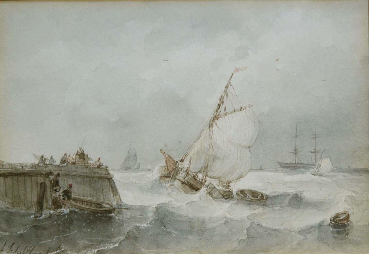 Schelfhout A. | Andreas Schelfhout, Platbodem op woelig water bij een havenhoofd, penseel in bruine en grijze inkt en aquarel op papier 12,0 x 16,8 cm, gesigneerd linksonder Schelfhout A. | Andreas Schelfhout, Platbodem op woelig water bij een havenhoofd, penseel in bruine en grijze inkt en aquarel op papier 12,0 x 16,8 cm, gesigneerd linksonder