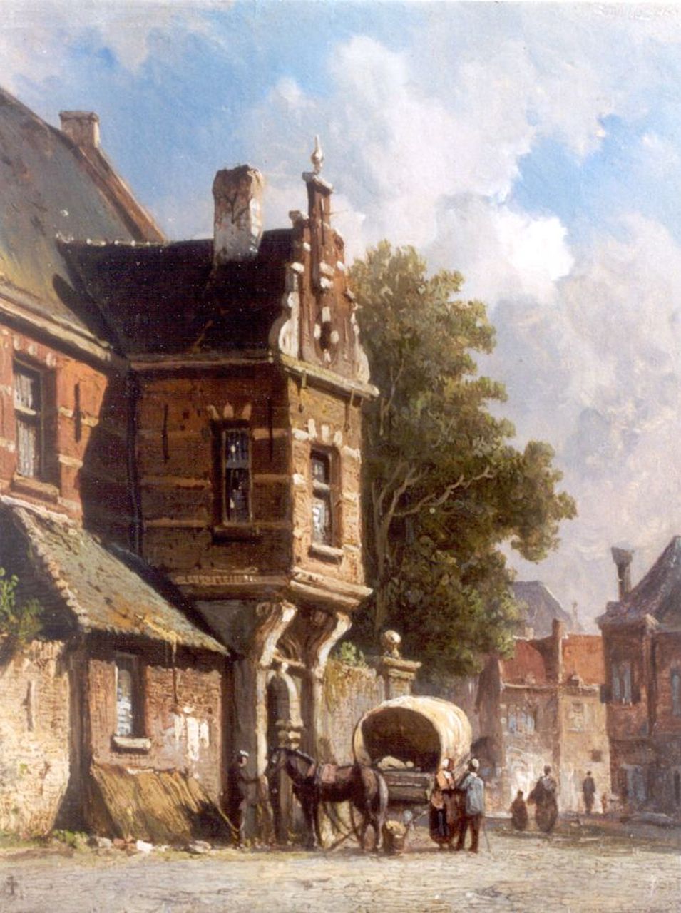 Eversen A.  | Adrianus Eversen, Stadsgezicht met figuren en huifkar  (pendant van 8882), olieverf op paneel 19,4 x 15,3 cm, gesigneerd linksonder monogram