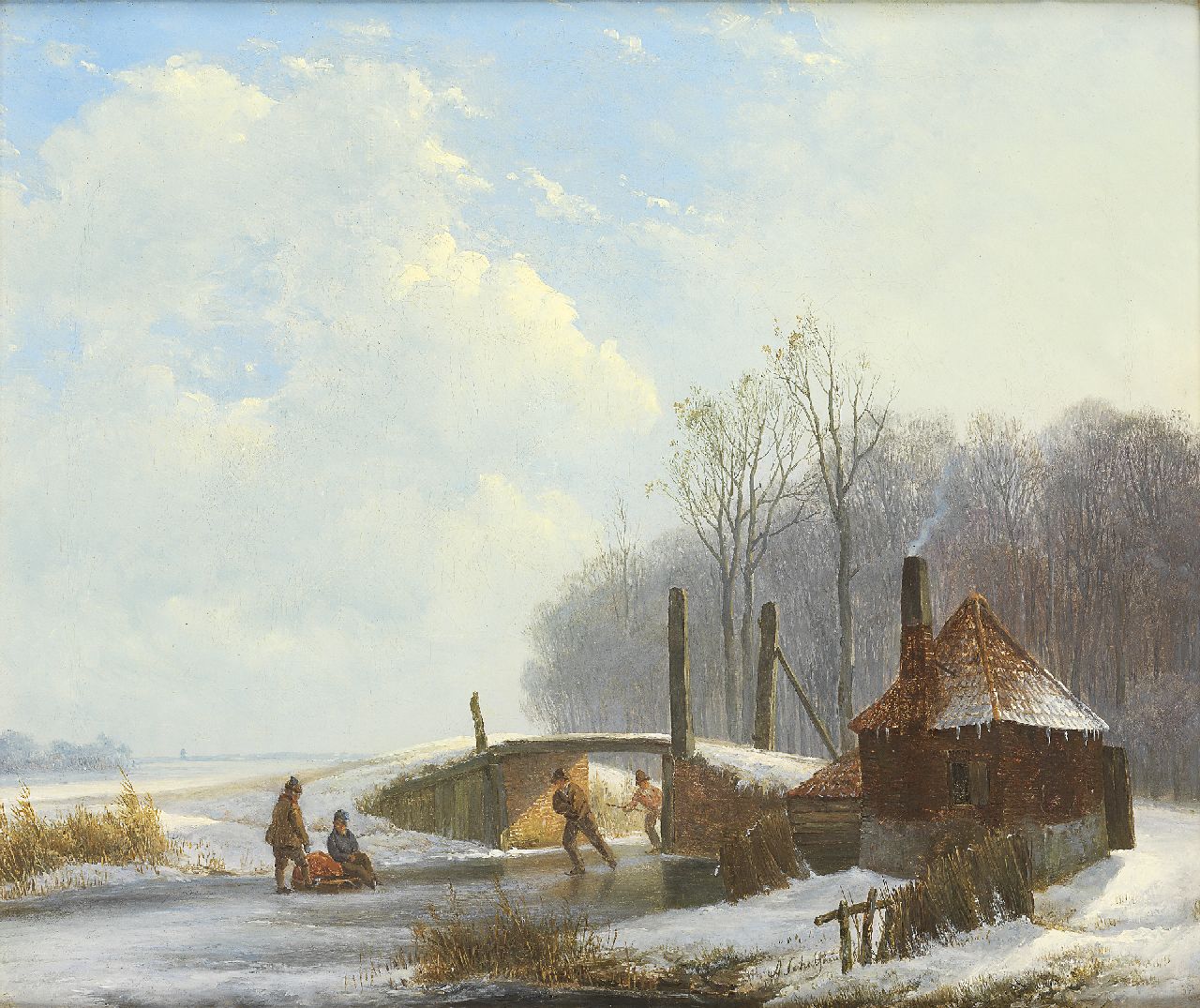 Schelfhout A.  | Andreas Schelfhout, Schaatsers bij een brug, olieverf op doek 31,1 x 36,2 cm, gesigneerd middenonder en te dateren jaren '20