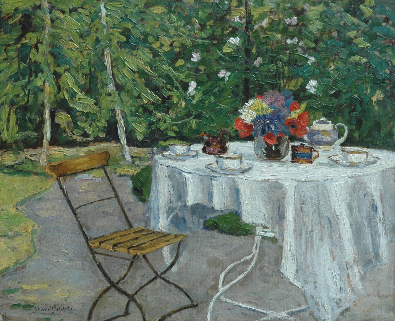 Uechtritz-Steinkirch U. von | Ulrich von Uechtritz-Steinkirch, Unser Kaffeetisch!: koffie in de tuin, olieverf op doek op board 42,2 x 51,9 cm, gesigneerd linksonder Uechtritz-Steinkirch U. von | Ulrich von Uechtritz-Steinkirch, Unser Kaffeetisch!: koffie in de tuin, olieverf op doek op board 42,2 x 51,9 cm, gesigneerd linksonder