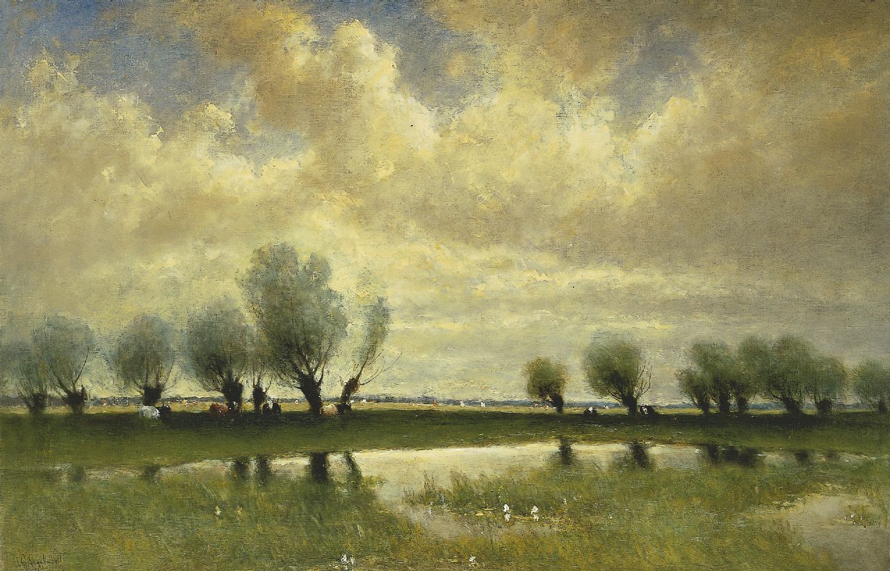 Vogel J.G. | Johannes Gijsbert Vogel, Polderlandschap met wilgen, olieverf op doek 74,0 x 111,7 cm, gesigneerd linksonder en gedateerd 1912 Vogel J.G. | Johannes Gijsbert Vogel, Polderlandschap met wilgen, olieverf op doek 74,0 x 111,7 cm, gesigneerd linksonder en gedateerd 1912
