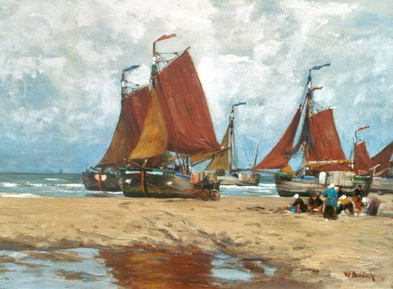 Bartsch W. | Wilhelm Bartsch, Visverkoopsters en bomschuiten op het strand van Katwijk, olieverf op doek 38,5 x 51,5 cm, gesigneerd rechtsonder Bartsch W. | Wilhelm Bartsch, Visverkoopsters en bomschuiten op het strand van Katwijk, olieverf op doek 38,5 x 51,5 cm, gesigneerd rechtsonder