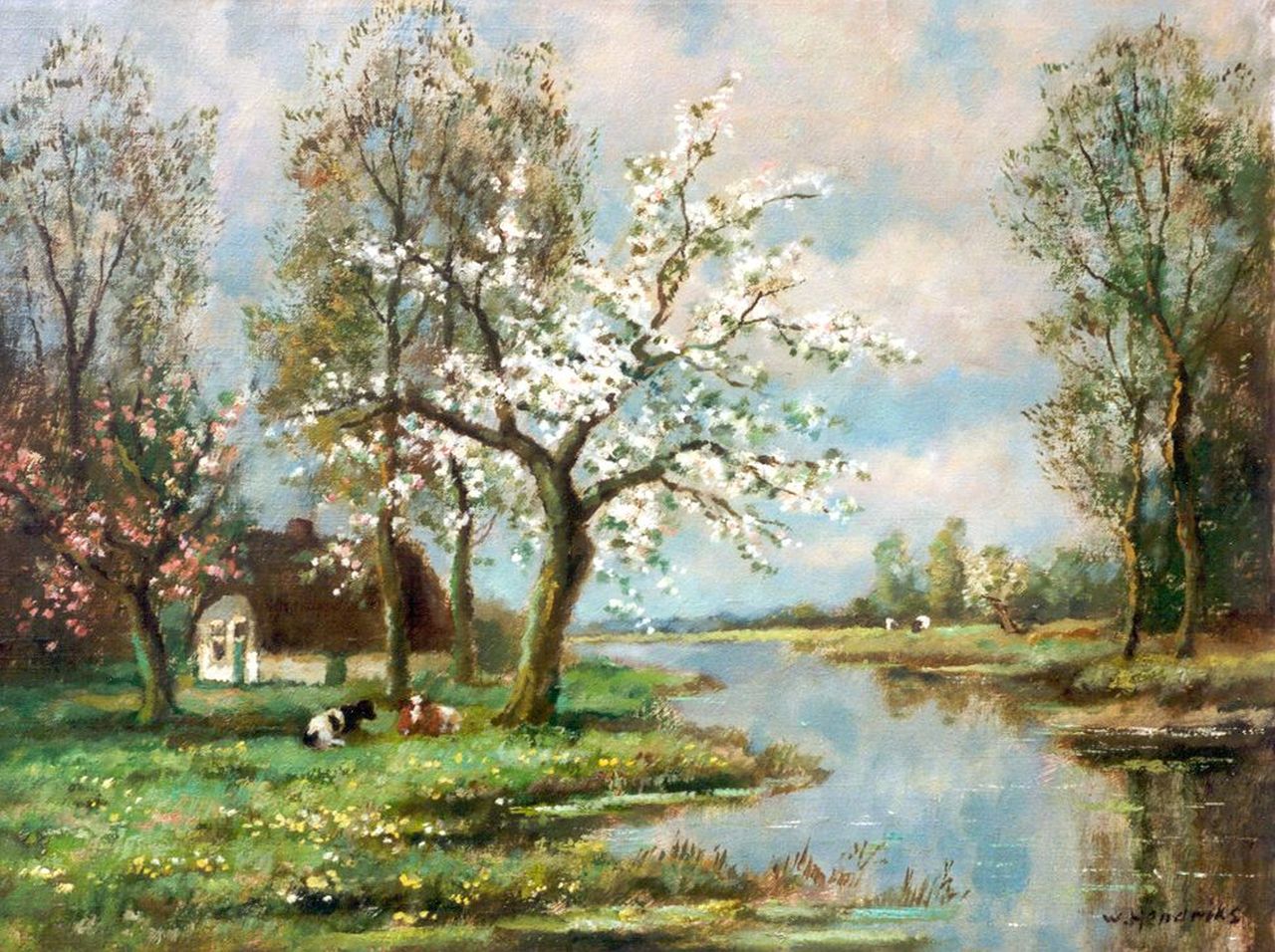 Bouter C.W.  | Cornelis Wouter 'Cor' Bouter, Rivierlandschap met boerderij en koeien in een boomgaard, olieverf op doek 30,7 x 40,9 cm, gesigneerd rechtsonder 'W. Hendriks'
