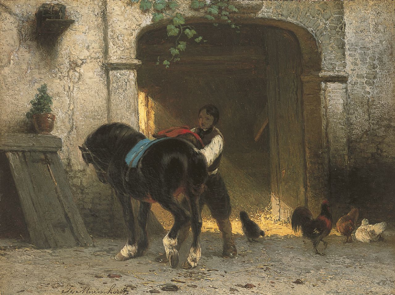 Moerenhout J.J. | Josephus Jodocus 'Joseph' Moerenhout, Opzadelen van het paard, olieverf op paneel 22,7 x 30,5 cm, gesigneerd linksonder Moerenhout J.J. | Josephus Jodocus 'Joseph' Moerenhout, Opzadelen van het paard, olieverf op paneel 22,7 x 30,5 cm, gesigneerd linksonder