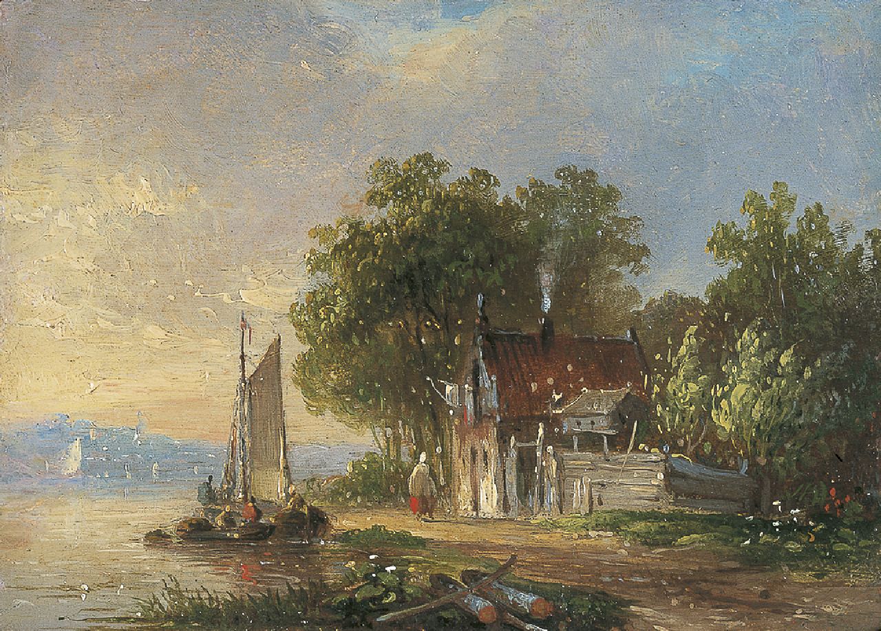 Stok J. van der | Jacobus van der Stok, Landschap met afgemeerde zeilboot, olieverf op paneel 8,5 x 11,9 cm Stok J. van der | Jacobus van der Stok, Landschap met afgemeerde zeilboot, olieverf op paneel 8,5 x 11,9 cm