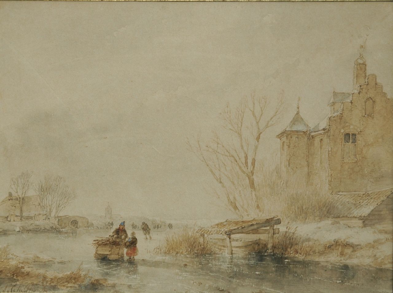 Schelfhout A.  | Andreas Schelfhout, Winterlandschap met schaatsers en houtsprokkelaar bij een burcht, sepia en aquarel op papier 20,0 x 27,0 cm, gesigneerd linksonder