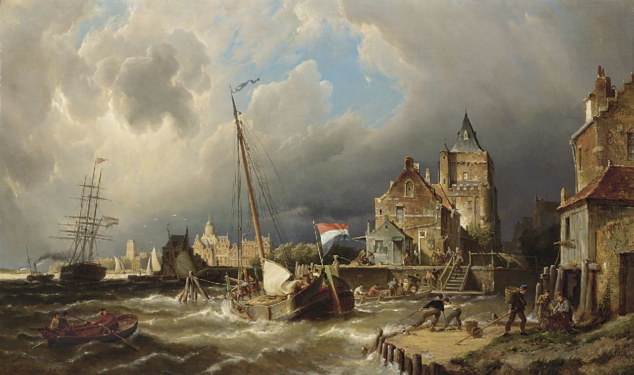 Dommershuijzen P.C.  | Pieter Cornelis Dommershuijzen, Beurtschip in de havenmonding van Dordrecht bij opkomende storm, olieverf op doek 75,3 x 127,0 cm, gesigneerd linksonder en gedateerd 1885