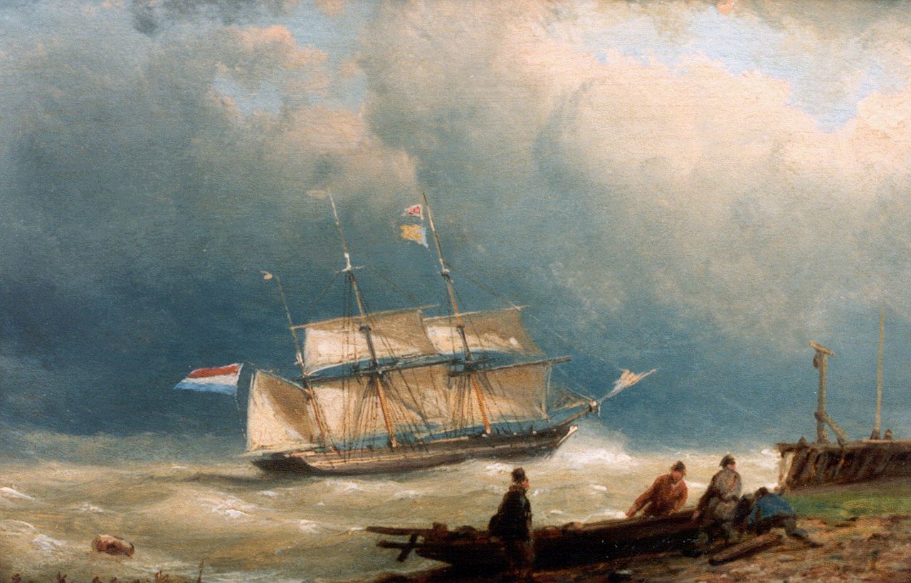 Koekkoek J.H.B. | Johannes Hermanus Barend 'Jan H.B.' Koekkoek, Zeilboot voor de kust, olieverf op paneel 12,0 x 18,3 cm, gesigneerd linksonder Koekkoek J.H.B. | Johannes Hermanus Barend 'Jan H.B.' Koekkoek, Zeilboot voor de kust, olieverf op paneel 12,0 x 18,3 cm, gesigneerd linksonder