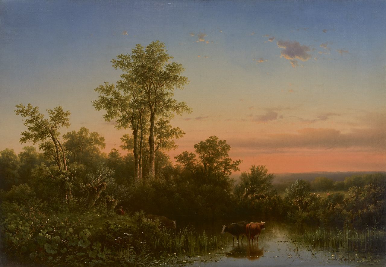 Sörensen J.L.  | 'Jacobus' Lorenz Sörensen, Zonsondergang met drinkend vee, olieverf op doek 69,1 x 99,8 cm, gesigneerd linksonder en gedateerd 1855