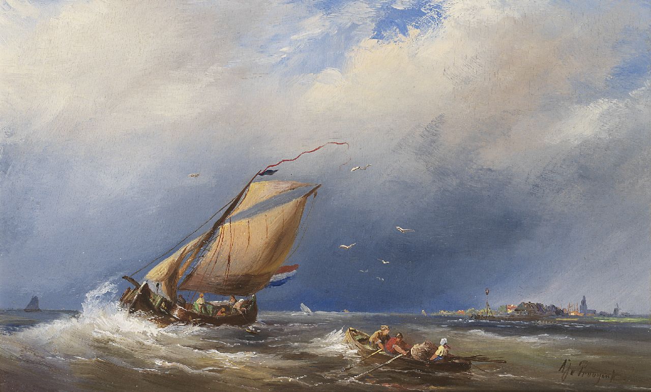 Prooijen A.J. van | Albert Jurardus van Prooijen, Figuren in een vlet en een zeilende platbodem bij een havenhoofd, olieverf op paneel 29,5 x 47,5 cm, gesigneerd rechtsonder Prooijen A.J. van | Albert Jurardus van Prooijen, Figuren in een vlet en een zeilende platbodem bij een havenhoofd, olieverf op paneel 29,5 x 47,5 cm, gesigneerd rechtsonder