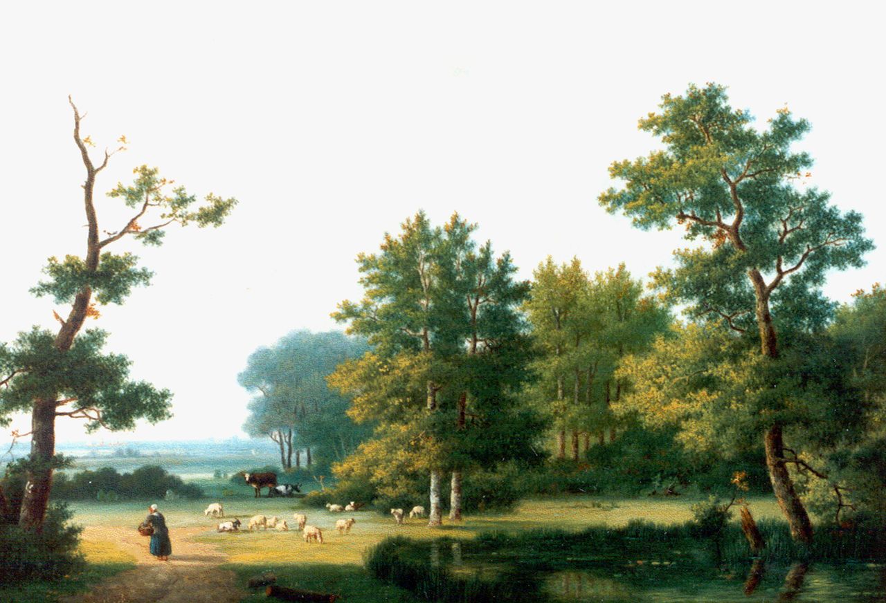 Koekkoek P.H. | Pieter Hendrik 'H.P.' Koekkoek, Landschap met boerin en vee, olieverf op paneel 20,3 x 28,3 cm, gesigneerd linksonder Koekkoek P.H. | Pieter Hendrik 'H.P.' Koekkoek, Landschap met boerin en vee, olieverf op paneel 20,3 x 28,3 cm, gesigneerd linksonder