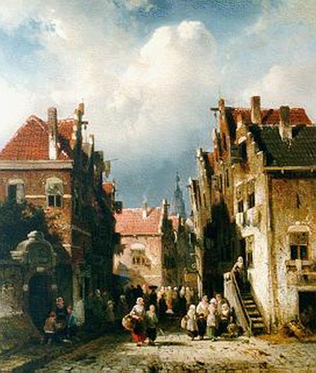 Leickert C.H.J.  | 'Charles' Henri Joseph Leickert, Drukbevolkt zomers stadsgezicht, olieverf op paneel 31,6 x 27,5 cm, gesigneerd linksonder en te dateren ca. 1855
