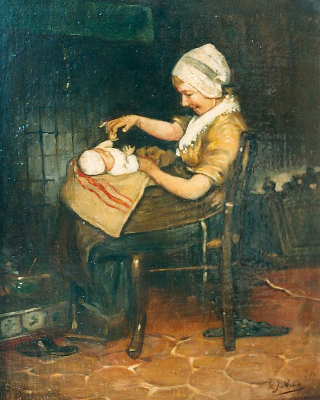 Mélis H.J. | Henricus Joannes Mélis, Spelen met de baby, olieverf op doek 34,5 x 28,5 cm, gesigneerd linksonder Mélis H.J. | Henricus Joannes Mélis, Spelen met de baby, olieverf op doek 34,5 x 28,5 cm, gesigneerd linksonder