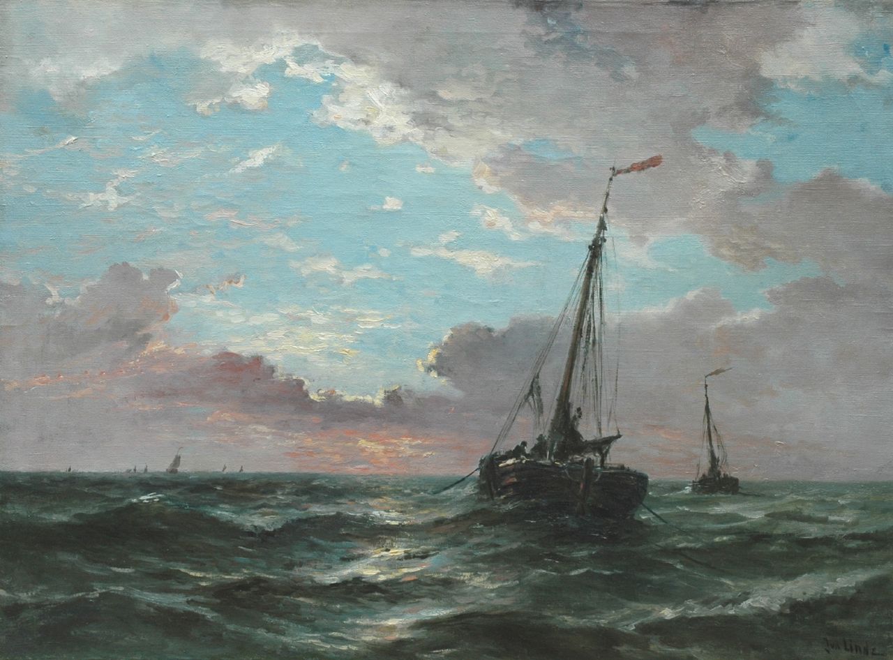 Linde J. van der | Jan van der Linde, Twee botters op volle zee, olieverf op doek 74,6 x 100,8 cm, gesigneerd rechtsonder Linde J. van der | Jan van der Linde, Twee botters op volle zee, olieverf op doek 74,6 x 100,8 cm, gesigneerd rechtsonder