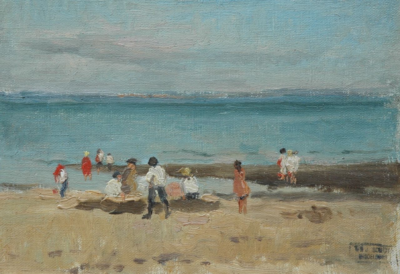 Schütz W.J.  | Willem Johannes Schütz, Spelende kinderen op het strand, olieverf op doek 18,0 x 25,7 cm