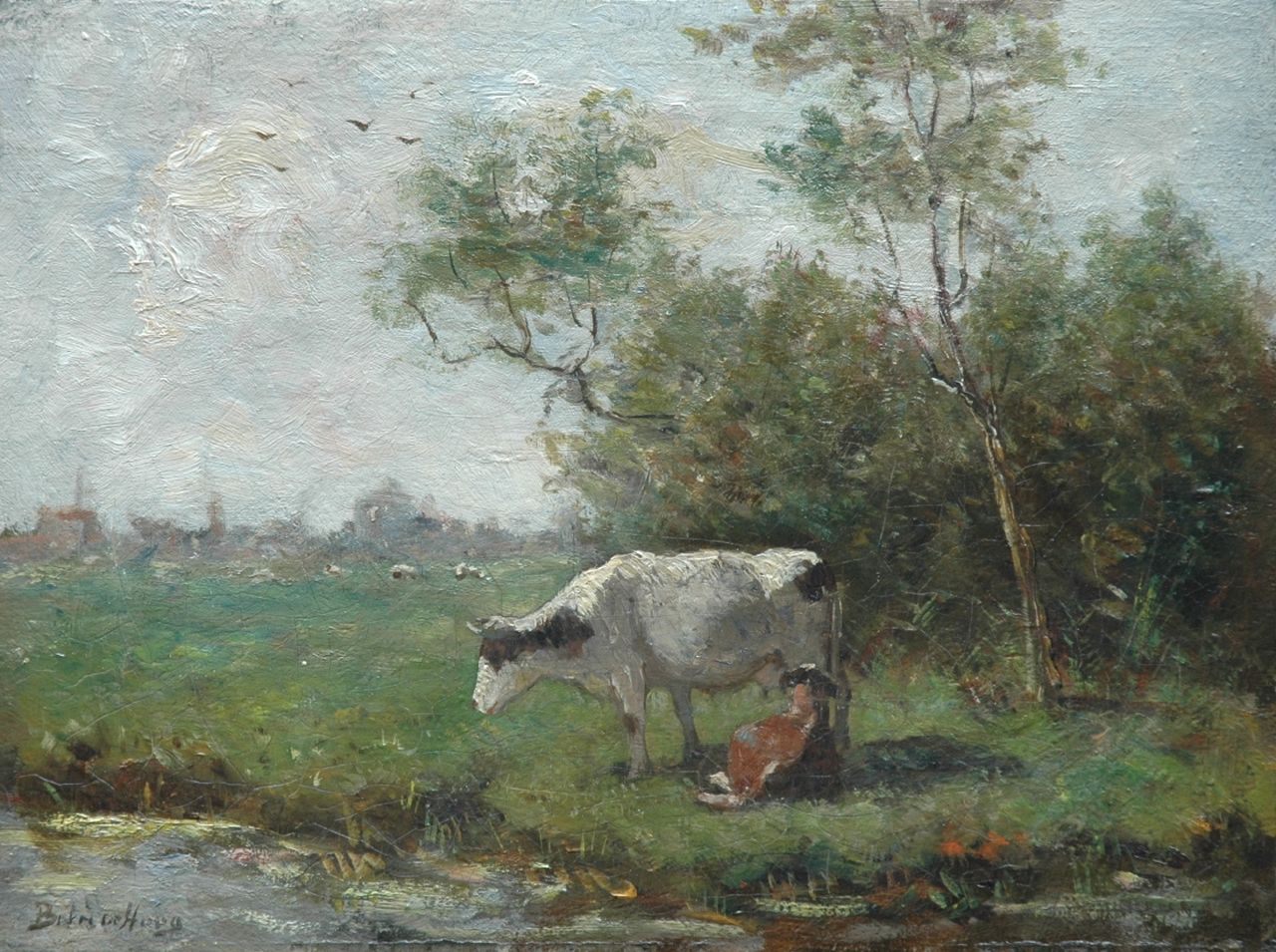 Hoog J.B. de | Johan 'Bernard' de Hoog, Koe en kalfje bij een sloot, olieverf op doek 25,8 x 34,4 cm, gesigneerd linksonder Hoog J.B. de | Johan 'Bernard' de Hoog, Koe en kalfje bij een sloot, olieverf op doek 25,8 x 34,4 cm, gesigneerd linksonder